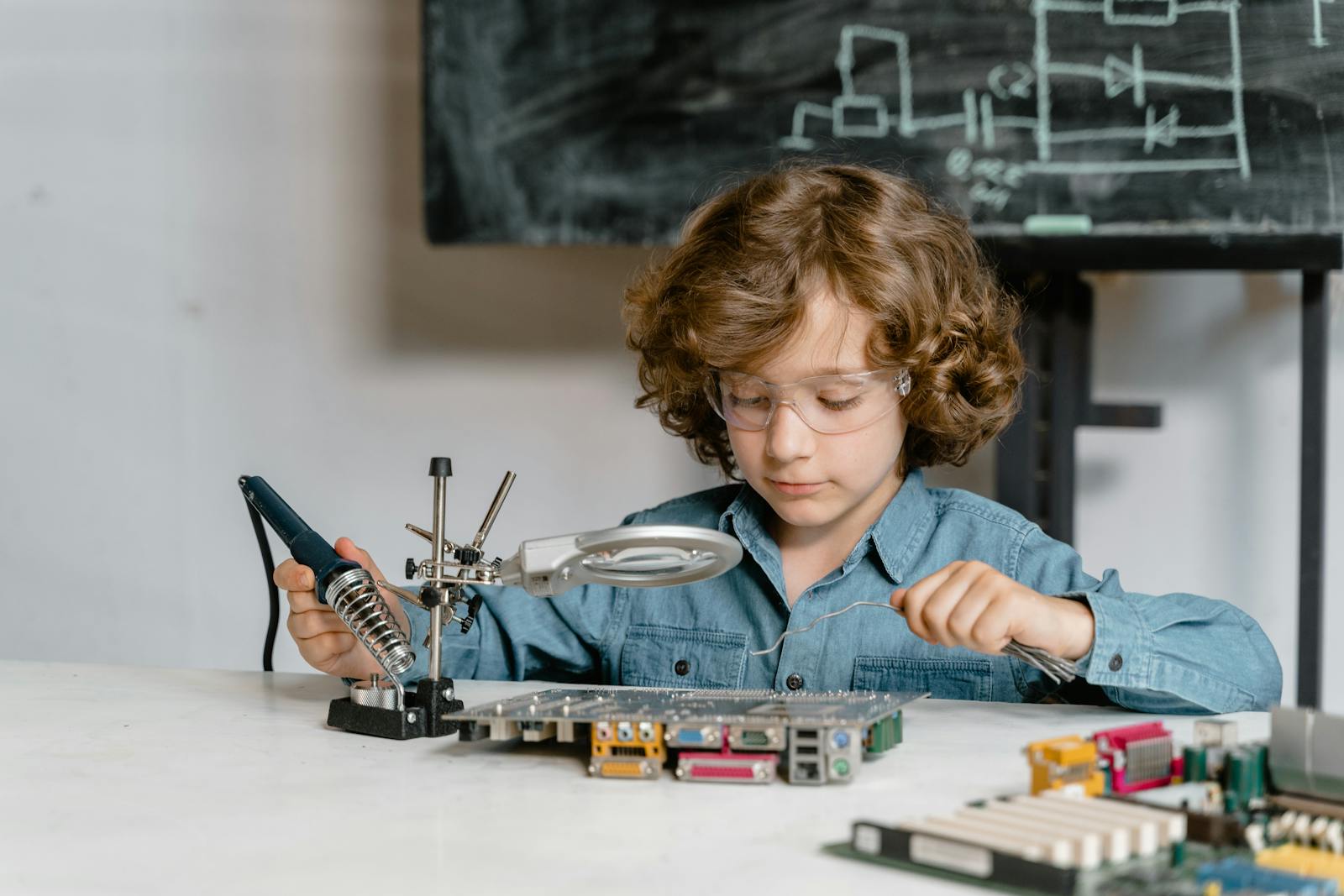 Child working on electronics with a soldering tool and circuit board, showcasing STEM learning.